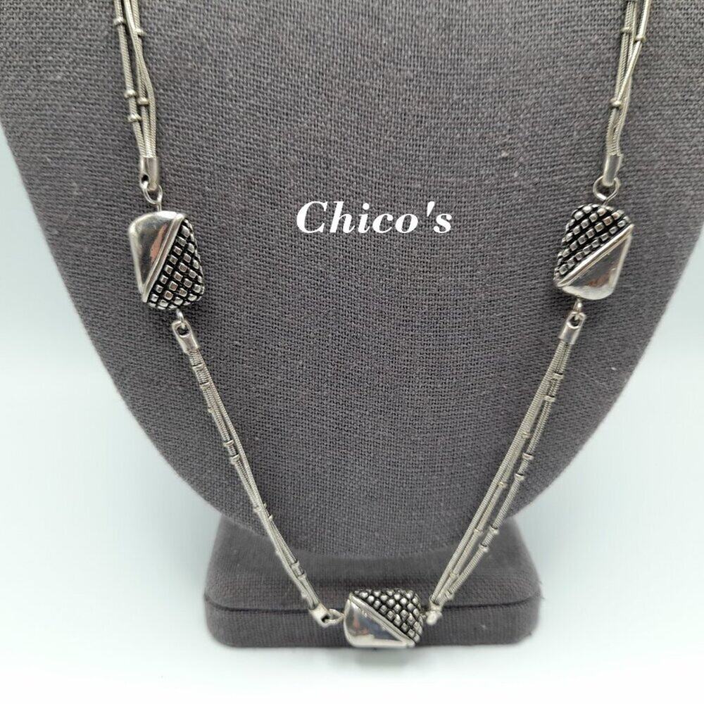 Chico's Silver Tone Three Strand Large Bead Necklace, Black Enamel, 27 Inches